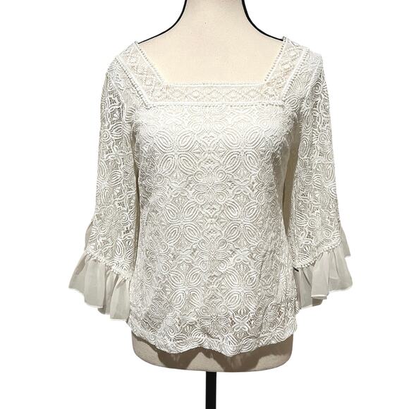 White House Black Market White Bell Sleeve Lace Square Neck Blouse Size XS - Picture 2 of 16